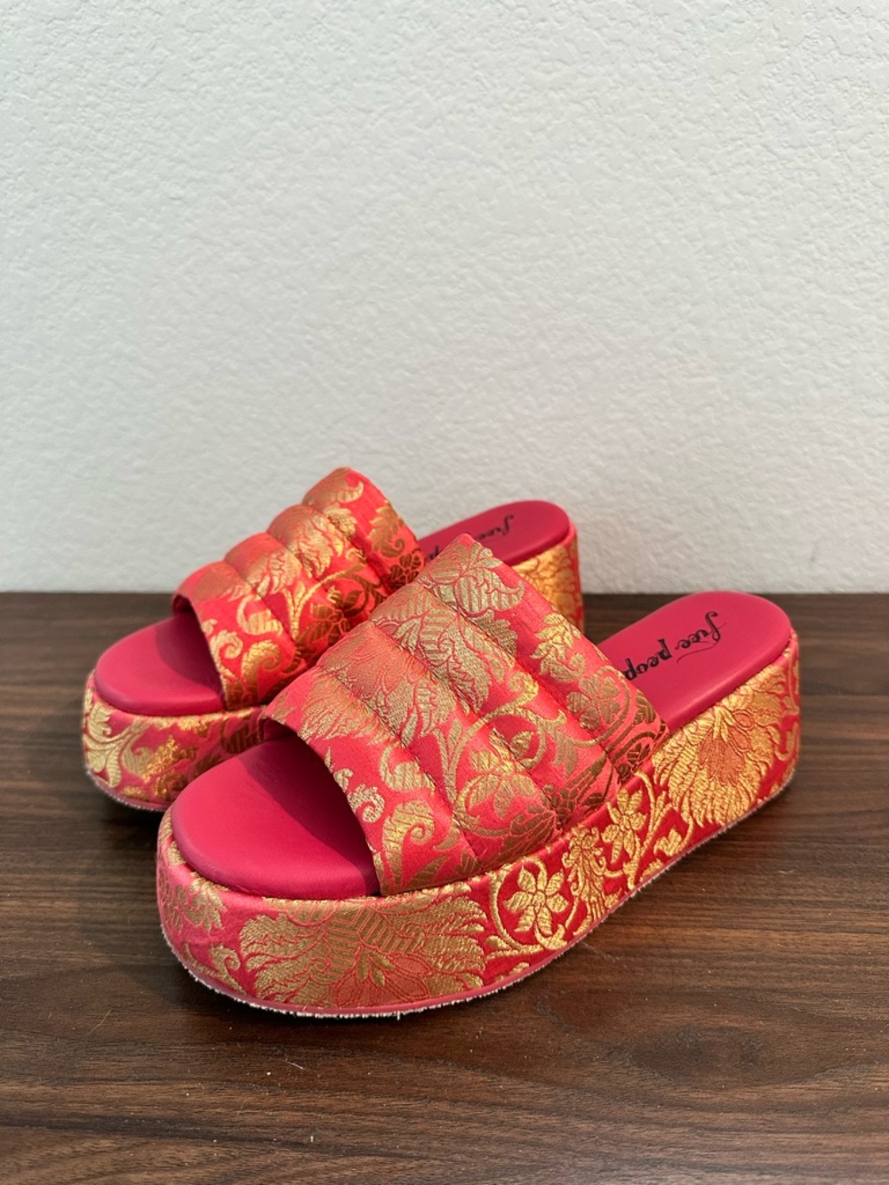 Free People Pink and Gold Brocade Platform Slide Sandals